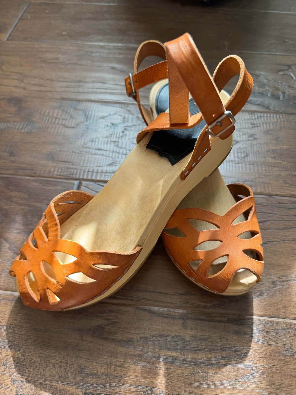 Swedish Hasbeens Orange Leather Cutout Ankle-Strap Sandals